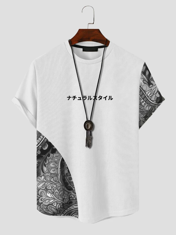 (image for) ChArmkpR Mens Ethnic Floral Patchwork Japanese Print Knit Short Sleeve T-Shirts