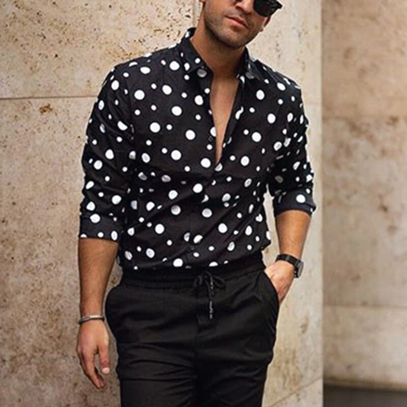 (image for) INCERUN Fashion Men Shirt Polka Dot Print Lapel Long Sleeve Casual Button Business Shirts Streetwear Handsome Camisas S-5XL